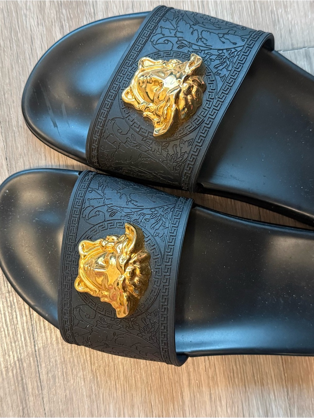 Versace Black Slides with Gold Medusa Accent